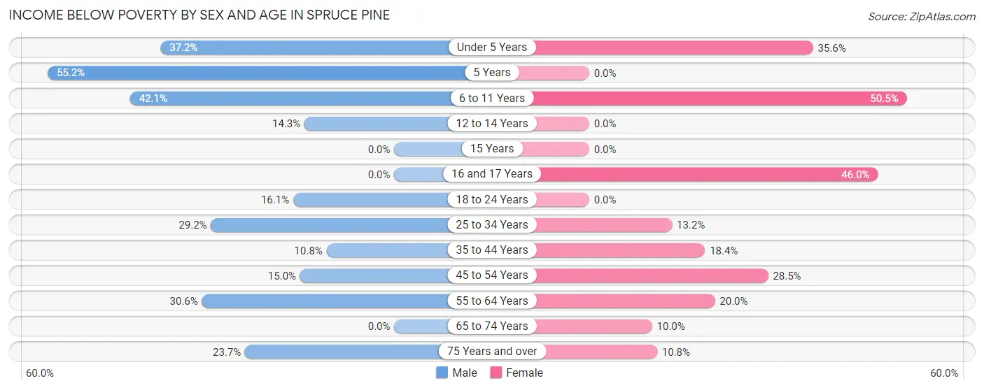 Income Below Poverty by Sex and Age in Spruce Pine