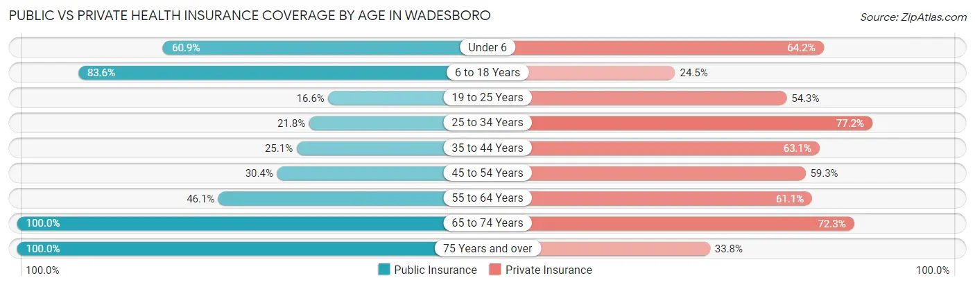Public vs Private Health Insurance Coverage by Age in Wadesboro