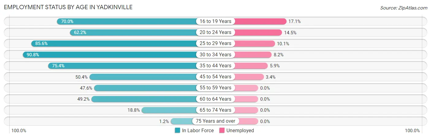 Employment Status by Age in Yadkinville
