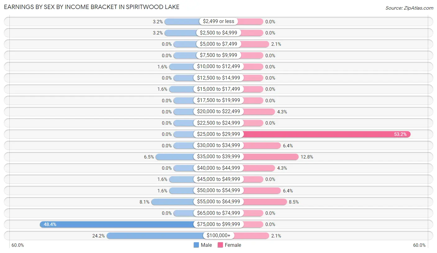 Earnings by Sex by Income Bracket in Spiritwood Lake