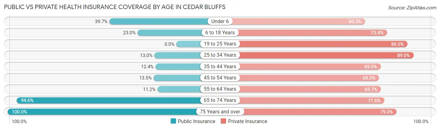 Public vs Private Health Insurance Coverage by Age in Cedar Bluffs