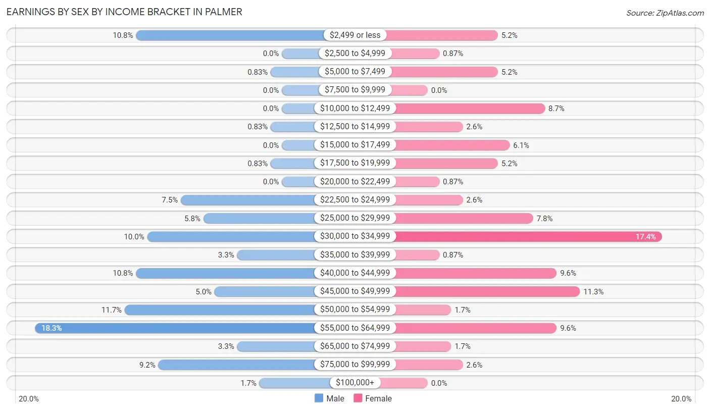 Earnings by Sex by Income Bracket in Palmer
