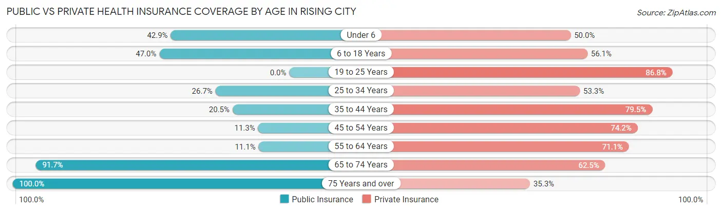 Public vs Private Health Insurance Coverage by Age in Rising City