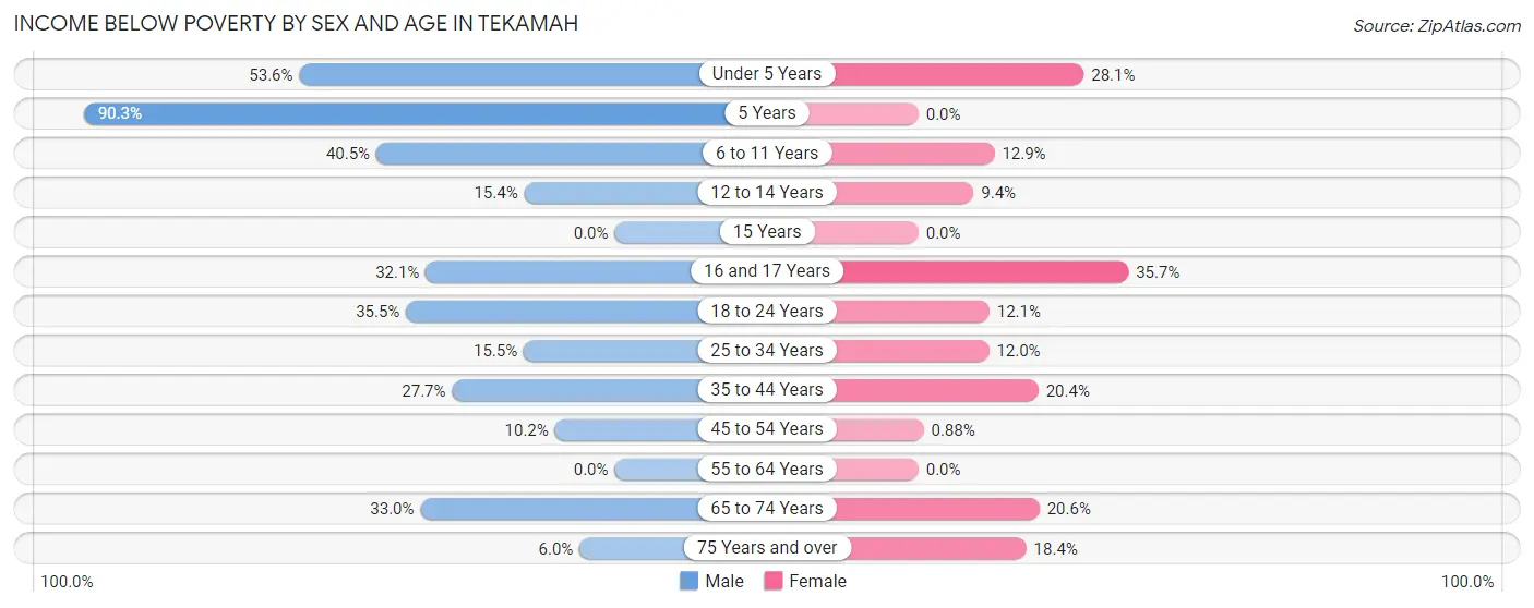 Income Below Poverty by Sex and Age in Tekamah