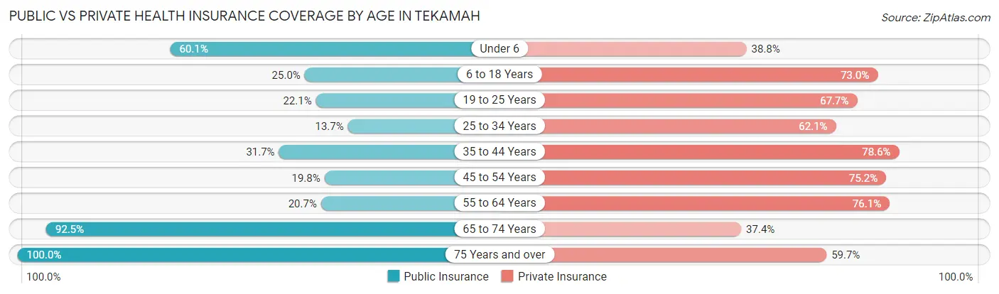 Public vs Private Health Insurance Coverage by Age in Tekamah