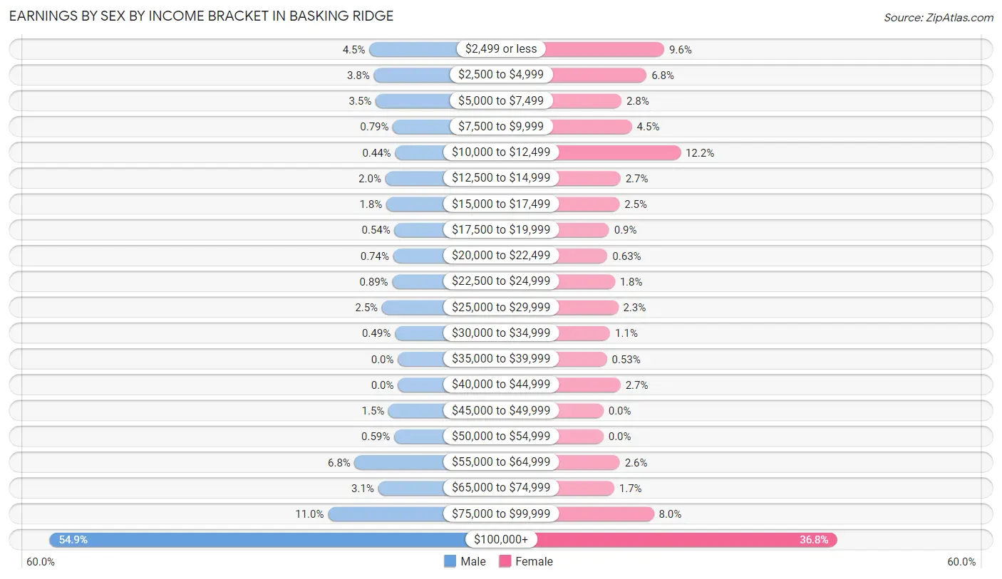 Earnings by Sex by Income Bracket in Basking Ridge