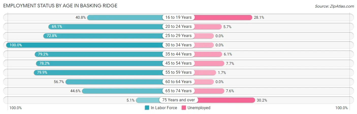 Employment Status by Age in Basking Ridge