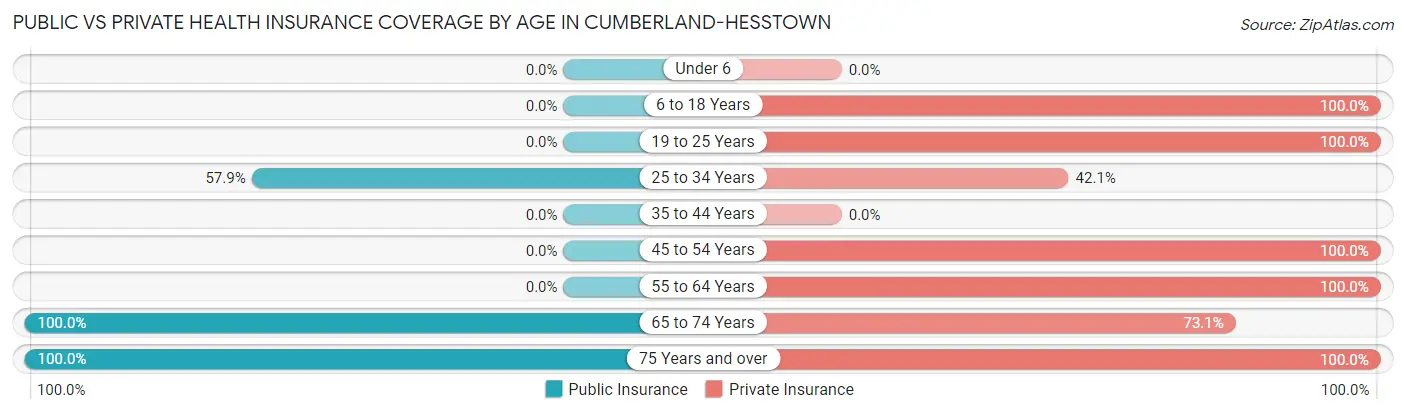 Public vs Private Health Insurance Coverage by Age in Cumberland-Hesstown