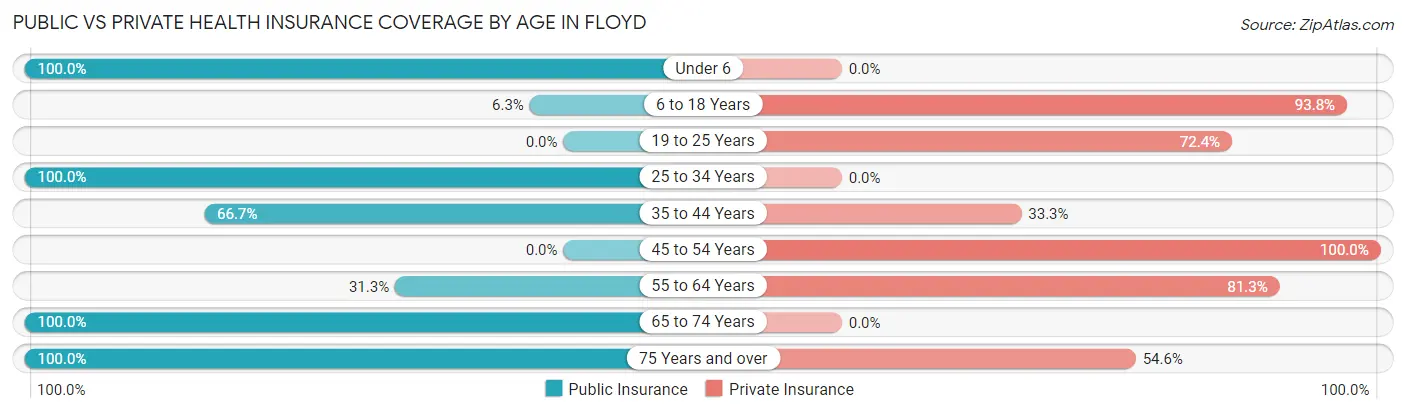 Public vs Private Health Insurance Coverage by Age in Floyd