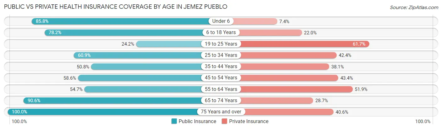 Public vs Private Health Insurance Coverage by Age in Jemez Pueblo