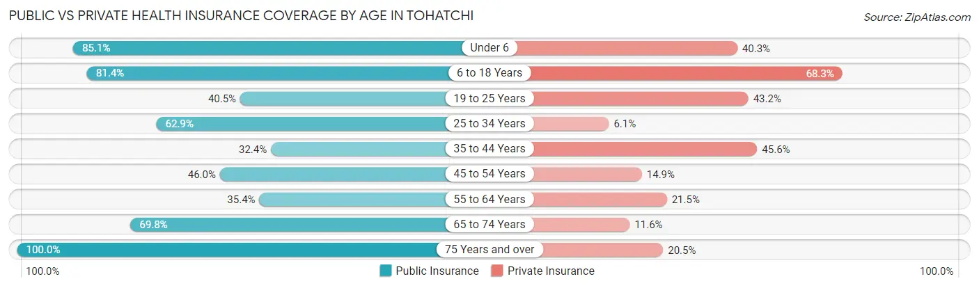 Public vs Private Health Insurance Coverage by Age in Tohatchi