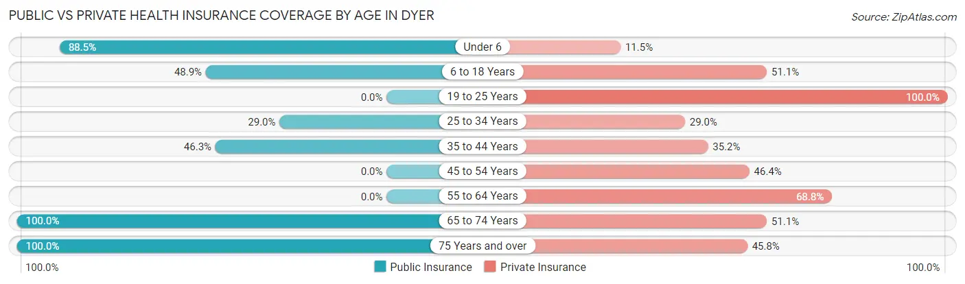Public vs Private Health Insurance Coverage by Age in Dyer