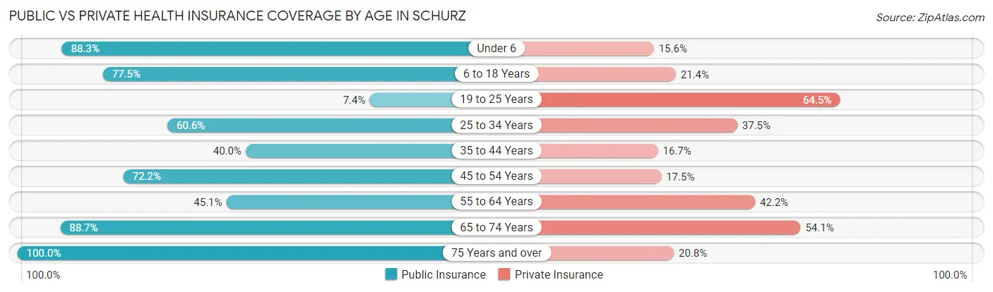 Public vs Private Health Insurance Coverage by Age in Schurz