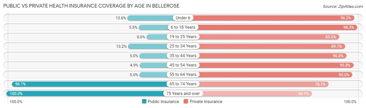Public vs Private Health Insurance Coverage by Age in Bellerose