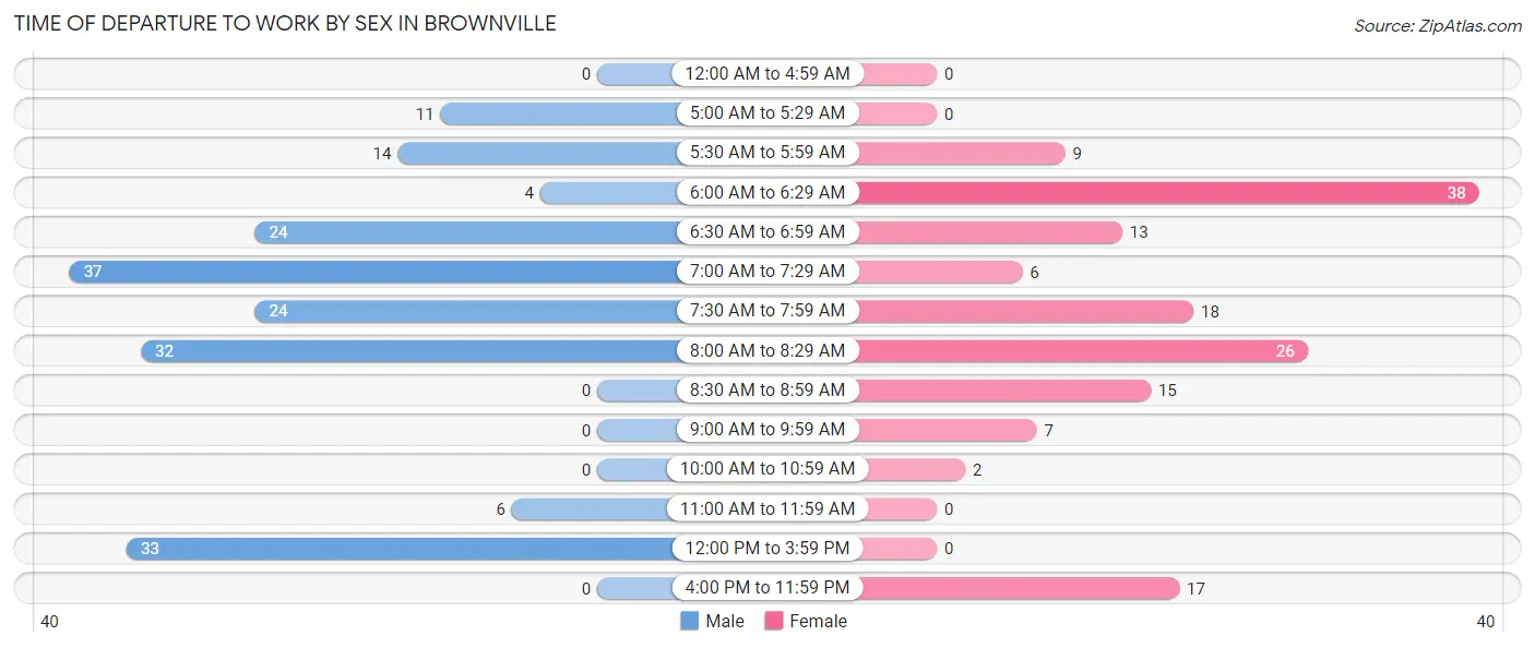 Time of Departure to Work by Sex in Brownville