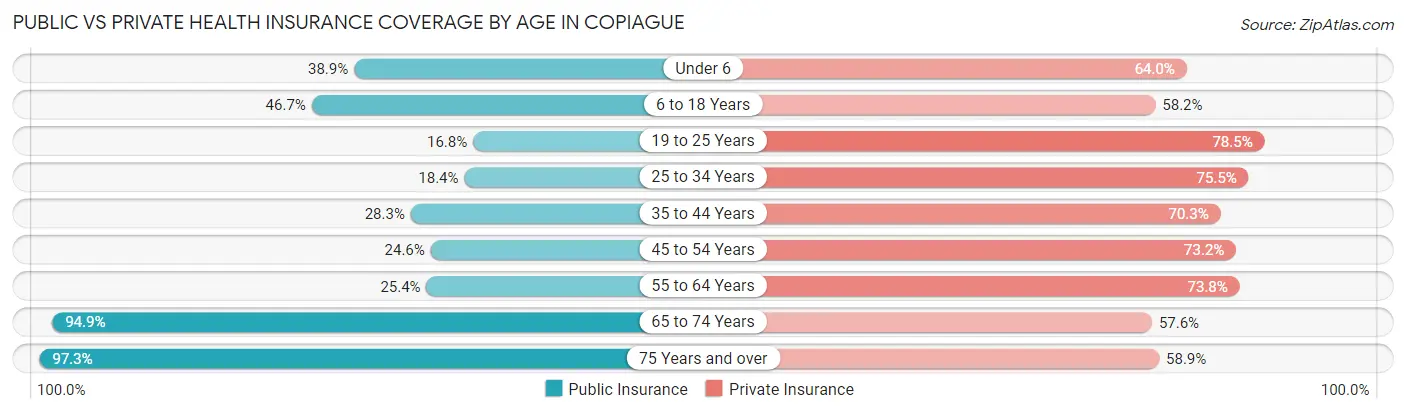 Public vs Private Health Insurance Coverage by Age in Copiague