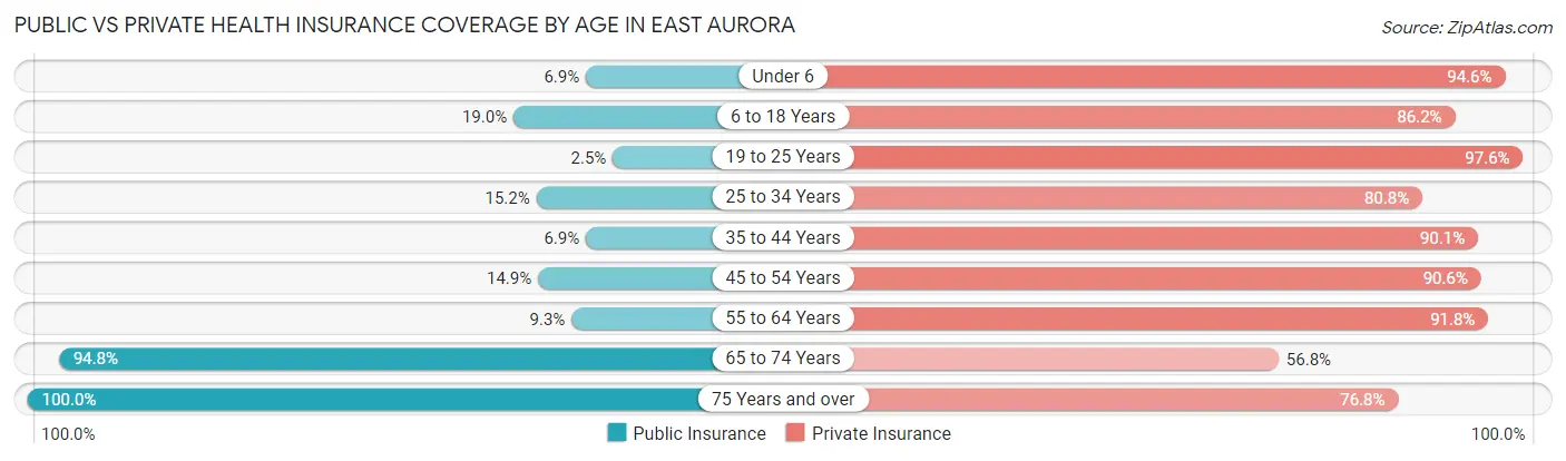 Public vs Private Health Insurance Coverage by Age in East Aurora