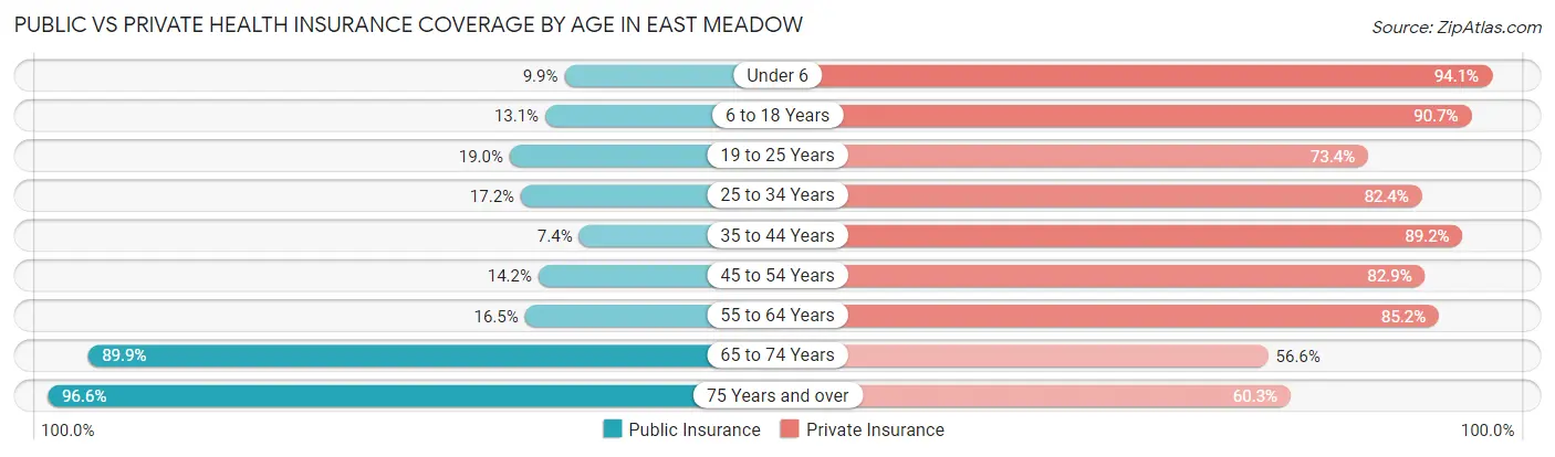 Public vs Private Health Insurance Coverage by Age in East Meadow