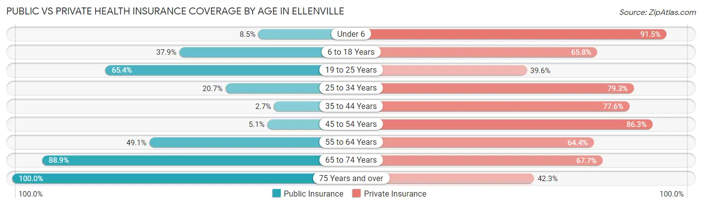 Public vs Private Health Insurance Coverage by Age in Ellenville