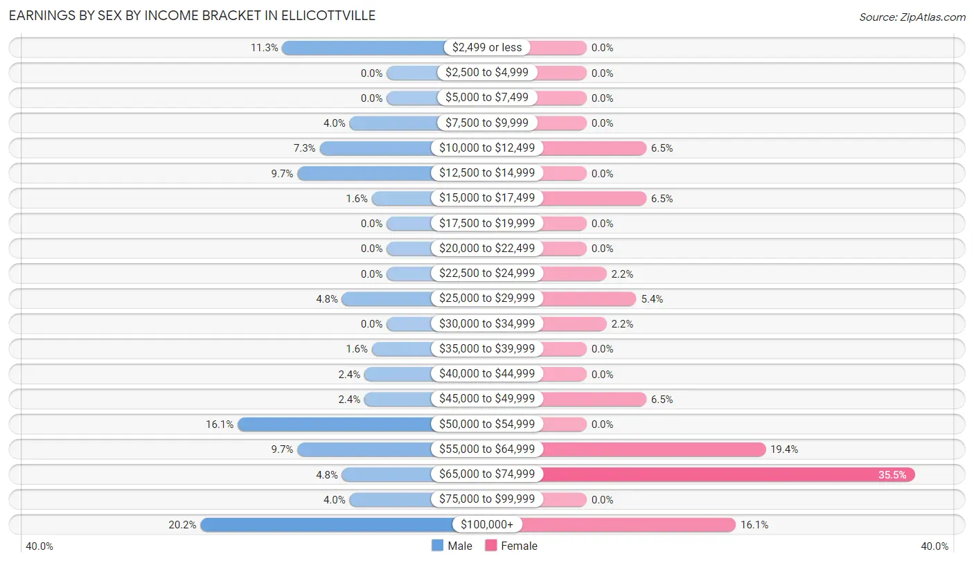 Earnings by Sex by Income Bracket in Ellicottville