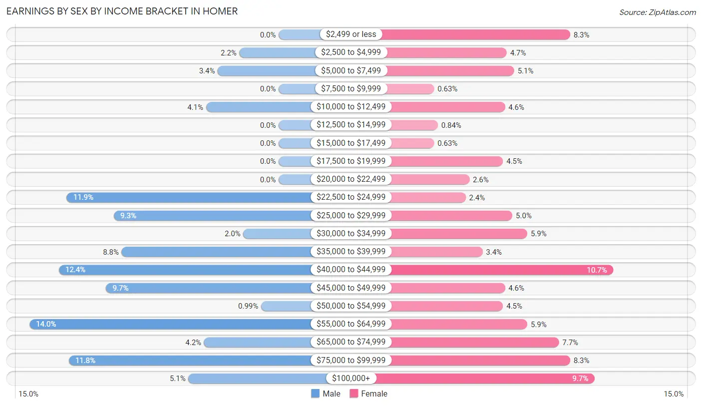 Earnings by Sex by Income Bracket in Homer