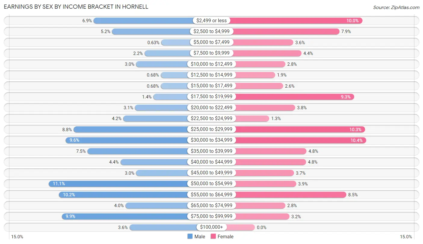 Earnings by Sex by Income Bracket in Hornell