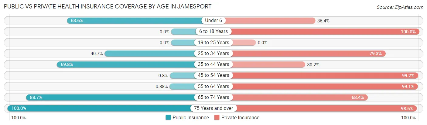 Public vs Private Health Insurance Coverage by Age in Jamesport