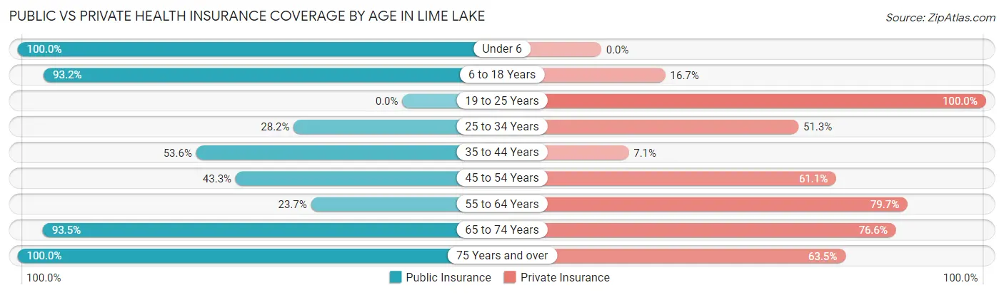 Public vs Private Health Insurance Coverage by Age in Lime Lake