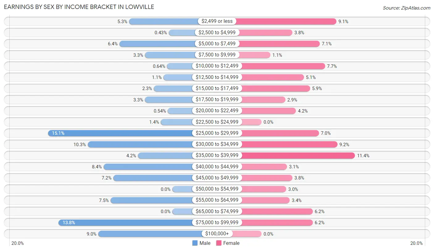 Earnings by Sex by Income Bracket in Lowville