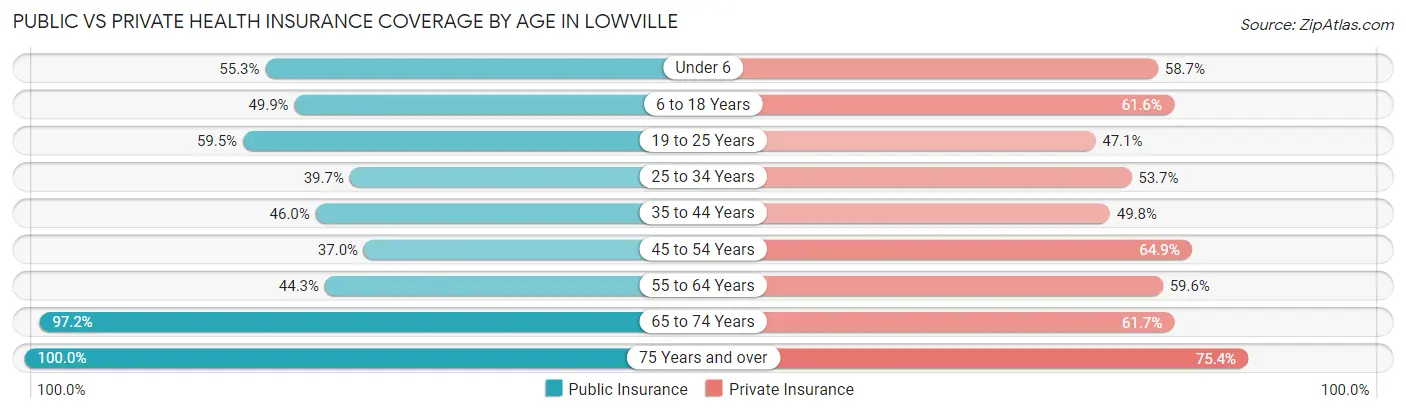 Public vs Private Health Insurance Coverage by Age in Lowville
