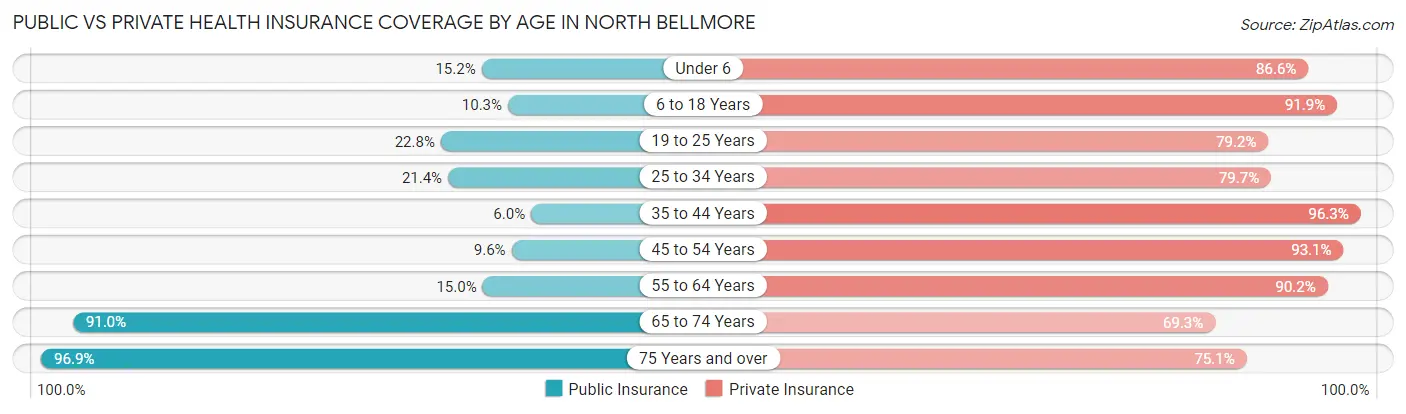 Public vs Private Health Insurance Coverage by Age in North Bellmore