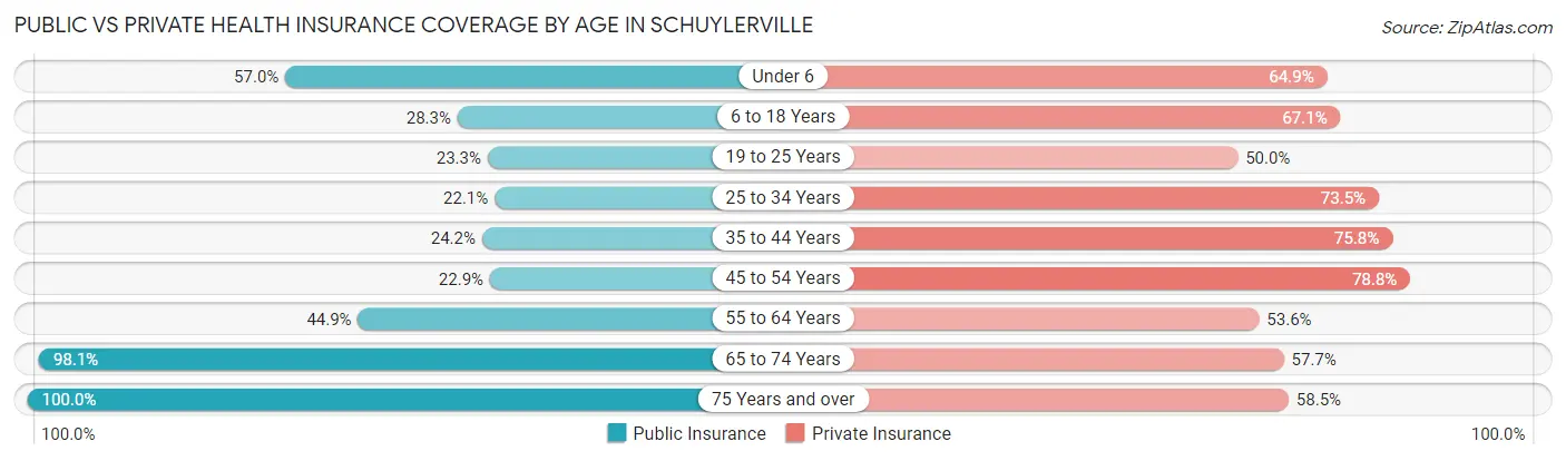 Public vs Private Health Insurance Coverage by Age in Schuylerville