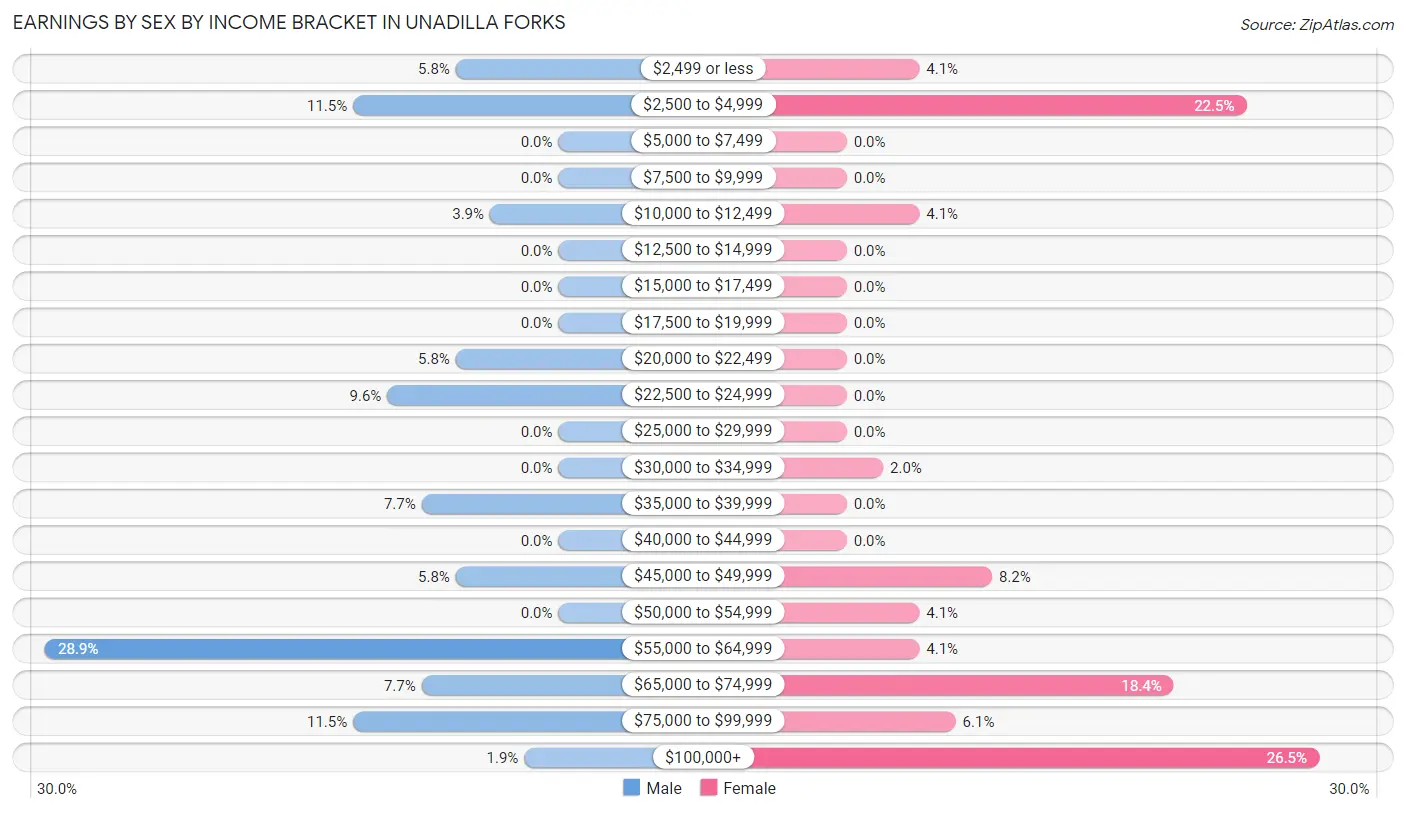 Earnings by Sex by Income Bracket in Unadilla Forks