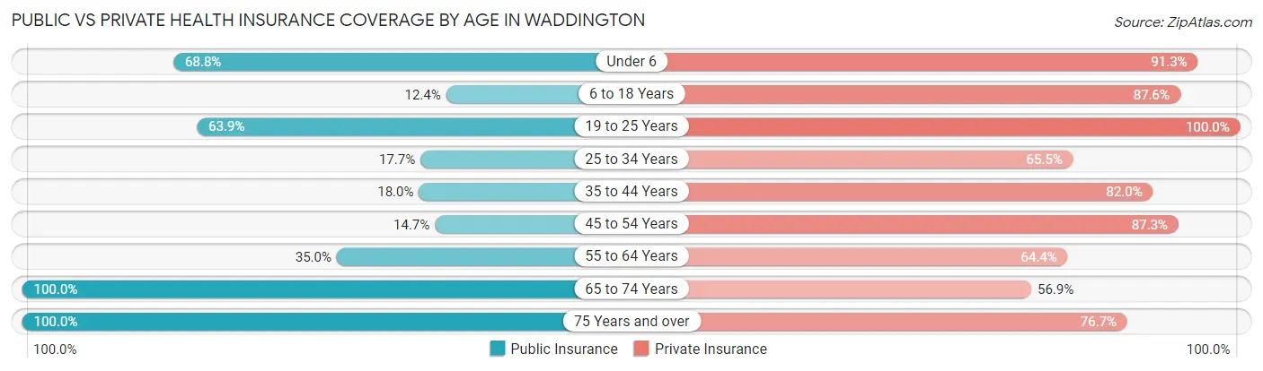 Public vs Private Health Insurance Coverage by Age in Waddington