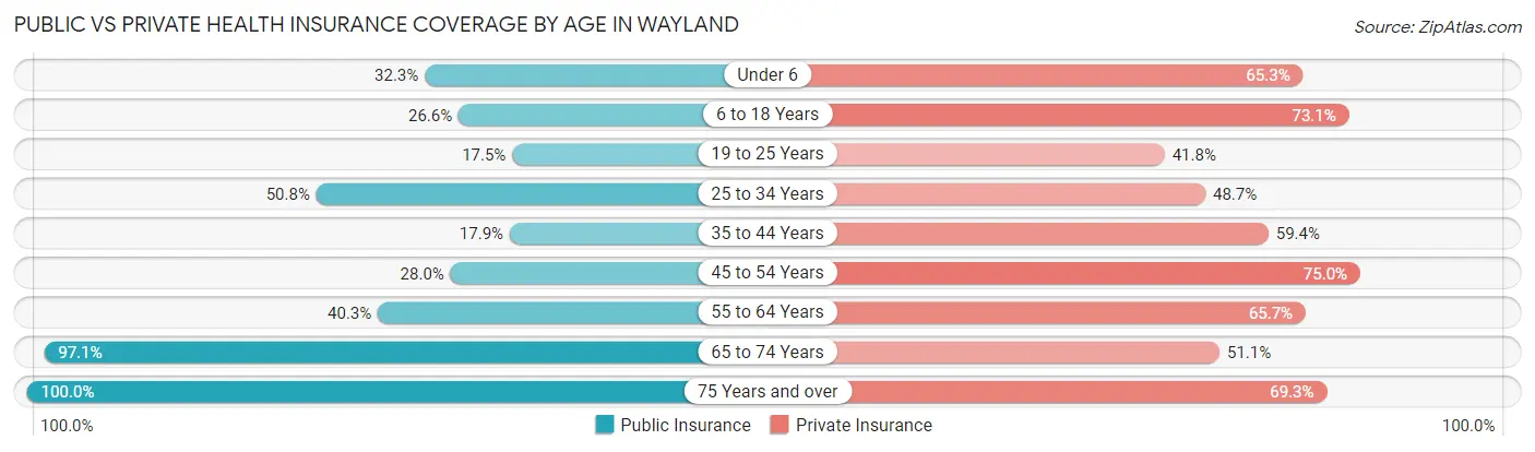 Public vs Private Health Insurance Coverage by Age in Wayland