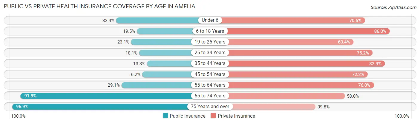 Public vs Private Health Insurance Coverage by Age in Amelia