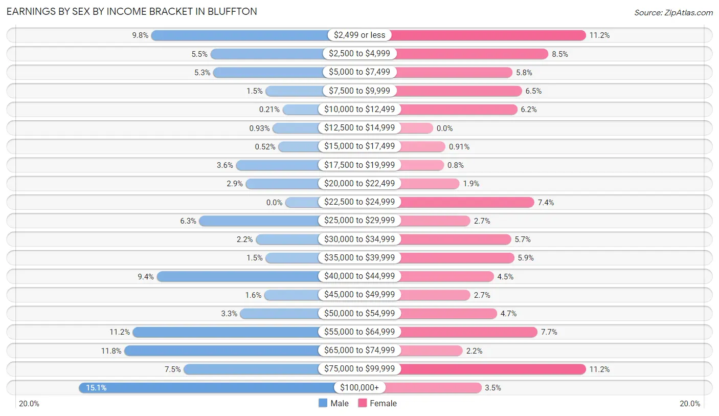 Earnings by Sex by Income Bracket in Bluffton
