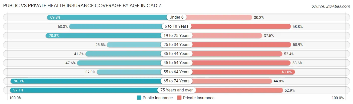 Public vs Private Health Insurance Coverage by Age in Cadiz