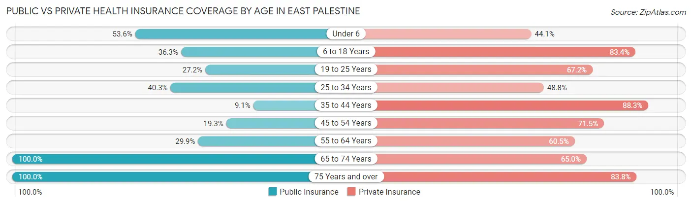Public vs Private Health Insurance Coverage by Age in East Palestine