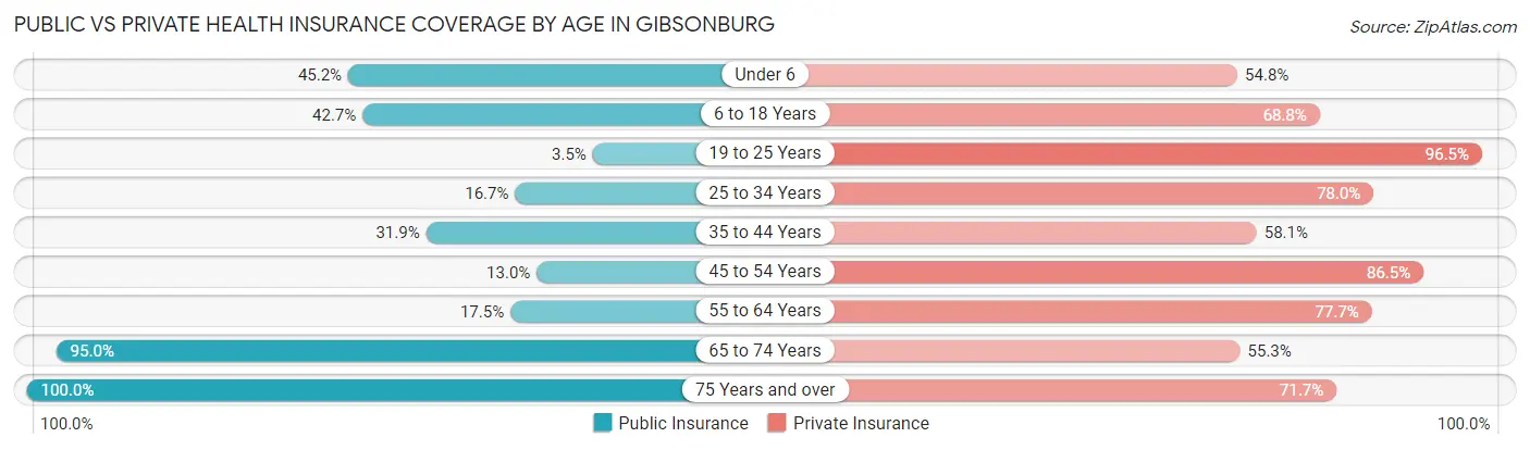 Public vs Private Health Insurance Coverage by Age in Gibsonburg