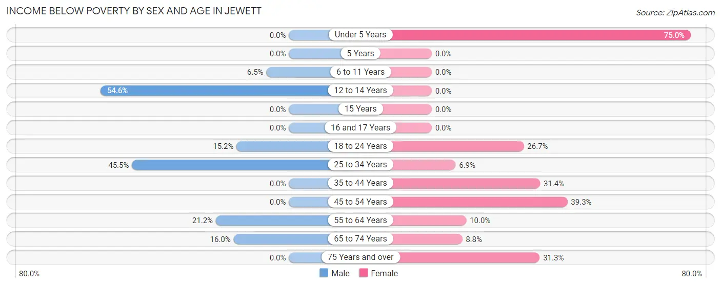 Income Below Poverty by Sex and Age in Jewett