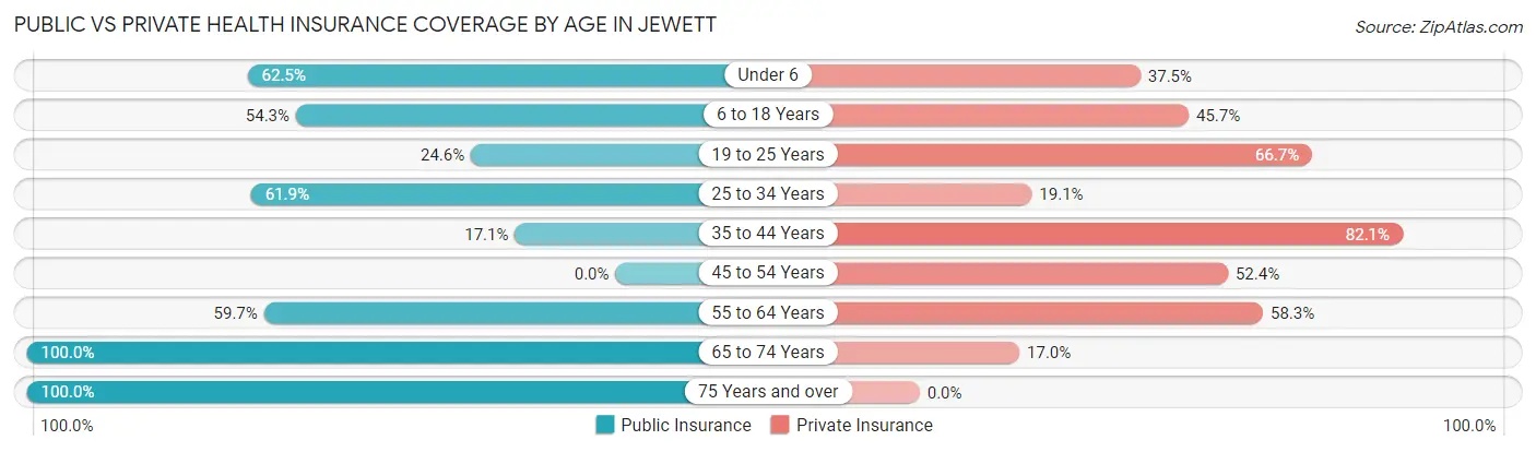 Public vs Private Health Insurance Coverage by Age in Jewett