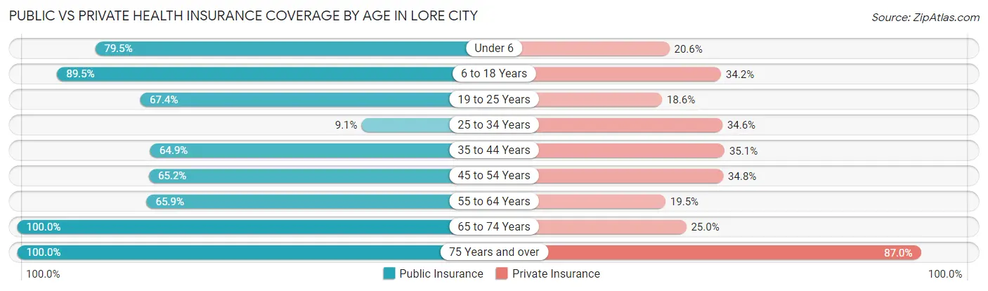 Public vs Private Health Insurance Coverage by Age in Lore City