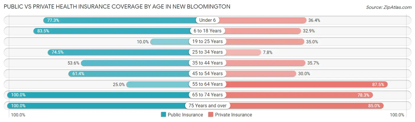 Public vs Private Health Insurance Coverage by Age in New Bloomington