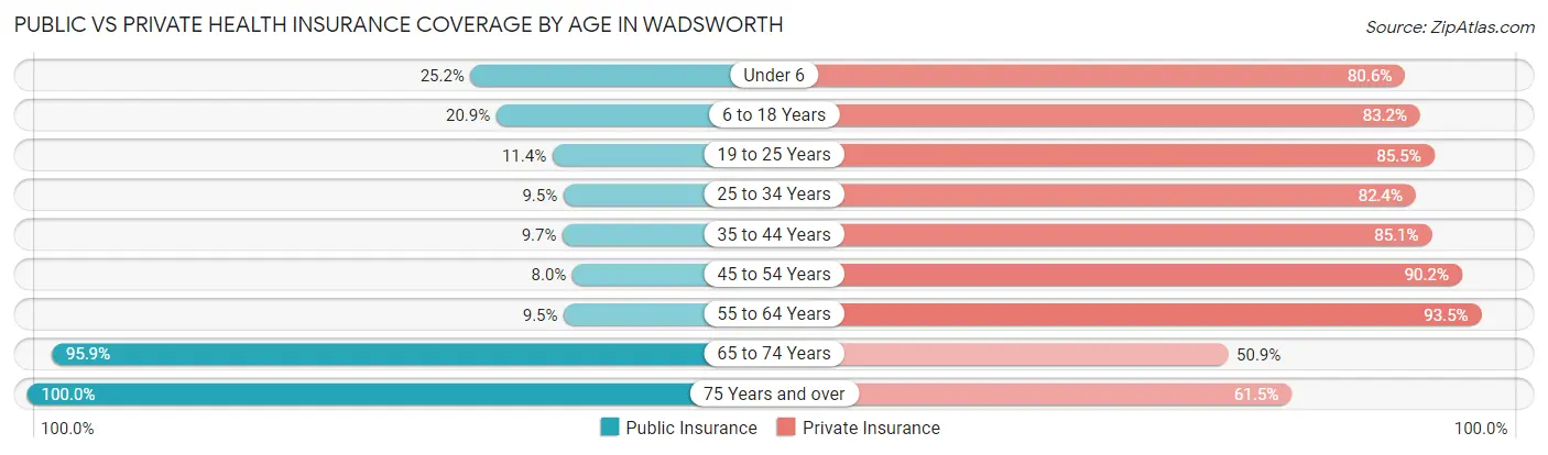 Public vs Private Health Insurance Coverage by Age in Wadsworth