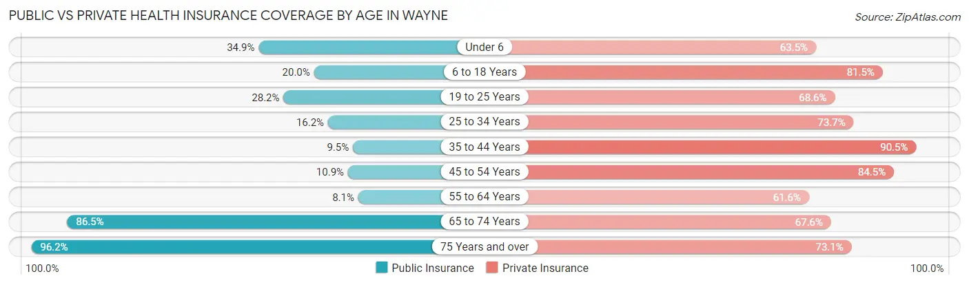 Public vs Private Health Insurance Coverage by Age in Wayne