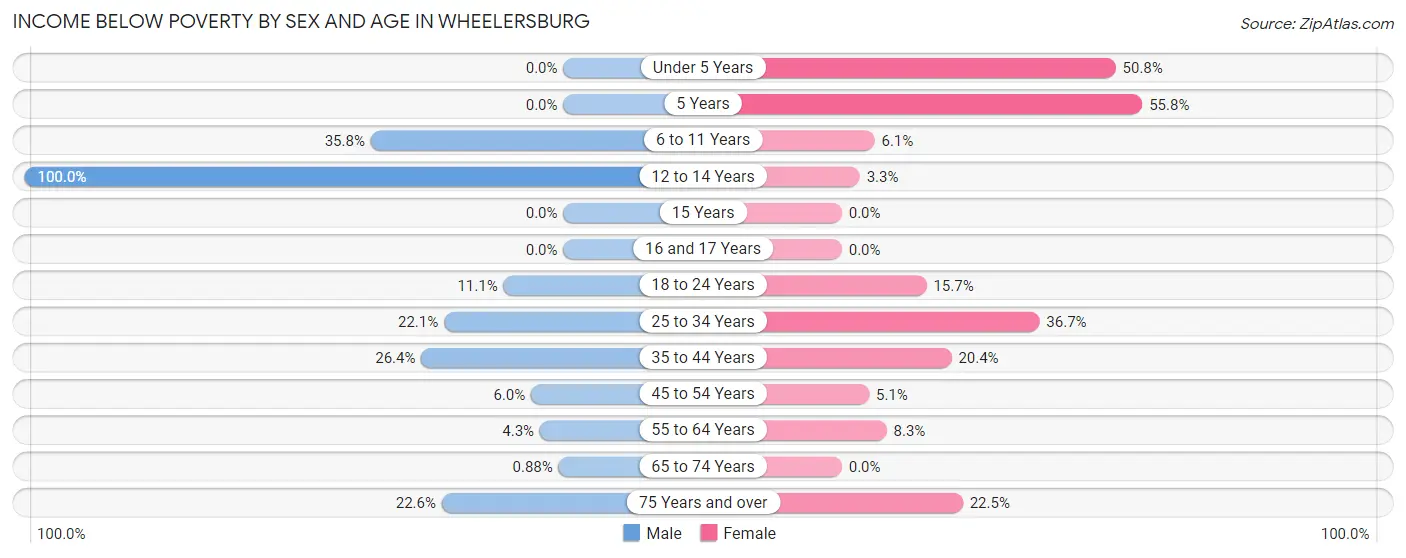 Income Below Poverty by Sex and Age in Wheelersburg
