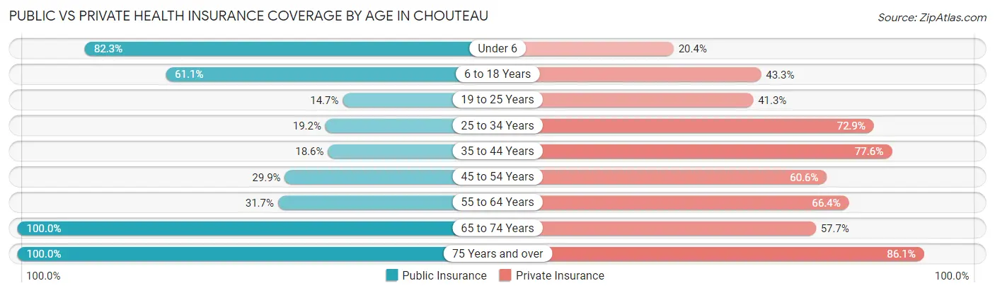 Public vs Private Health Insurance Coverage by Age in Chouteau