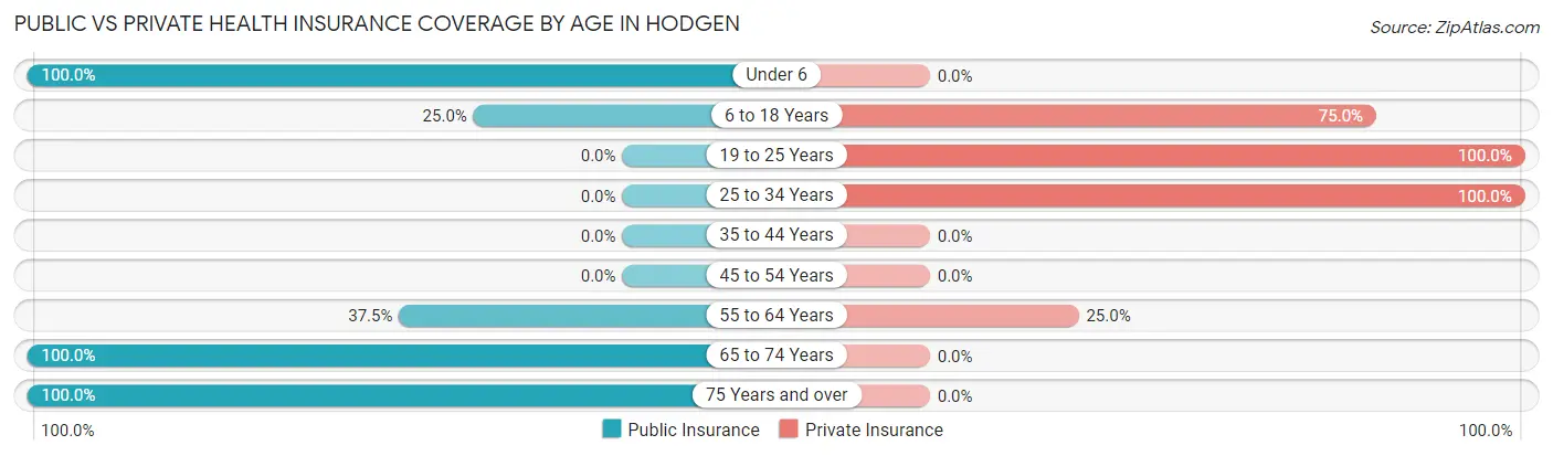 Public vs Private Health Insurance Coverage by Age in Hodgen