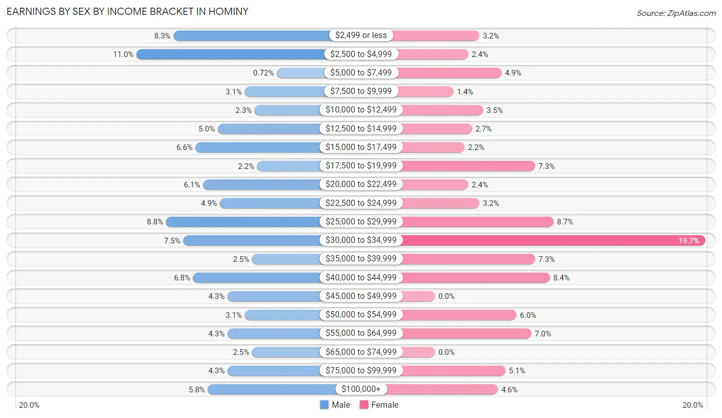 Earnings by Sex by Income Bracket in Hominy